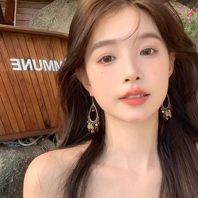 Ju見栄えの良いタッセルイヤリング、レディースレトロエスニックスタイルバケーションスタイルイヤリング、ボヘミアンスタイル、ユニークなスクエアとラウンドフェイスのイヤリング