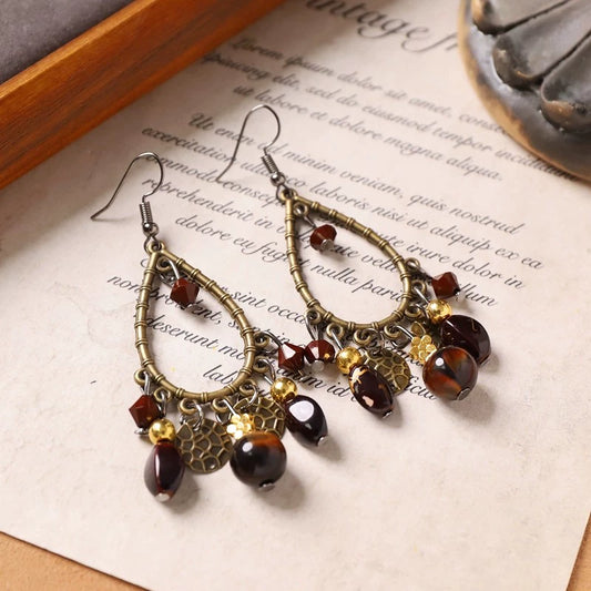 Ju見栄えの良いタッセルイヤリング、レディースレトロエスニックスタイルバケーションスタイルイヤリング、ボヘミアンスタイル、ユニークなスクエアとラウンドフェイスのイヤリング